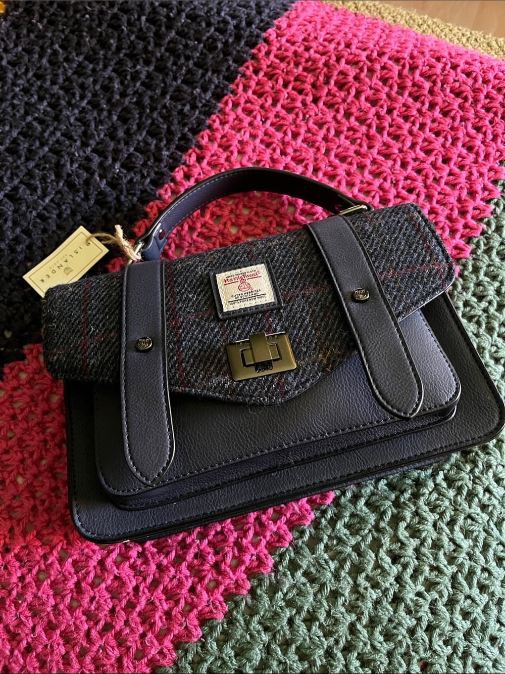 Women's Black Leather and Tweed Top-Handle Satchel style shoulder bag